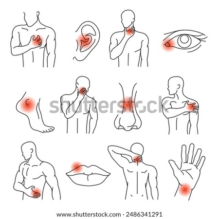 Pain types. Human figures and body parts with highlighted areas of pain or discomfort. Line art vector illustration set