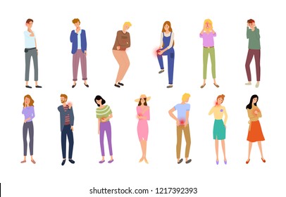 Pain types of people with hurting body parts set vector. Headache and shoulder sore, throat and knee injury. Painful spine back and stomach belly