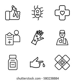 pain vector icons. Set of 9 pain outline icons such as man with broken arm, injured finger, medicine, bandage, doctor prescription, virus and pills
