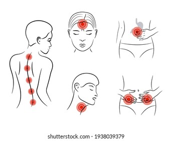 Conjunto vectorial de dolor. El cuerpo duele en diferentes partes.