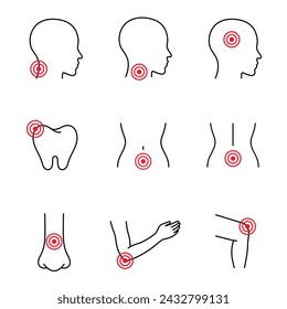 Conjunto de vectores de dolor. El cuerpo se adhiere a los iconos de línea delgada establecidos. Migraña, dolor de muelas, dolor de espalda, dolor de garganta, dolor de cuello, nariz, menstruación, articulaciones, artritis, reumatismo. Ilustración de vector