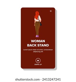 pain woman back stand vector. man full, behind view, profile beach pain woman back stand web flat cartoon illustration