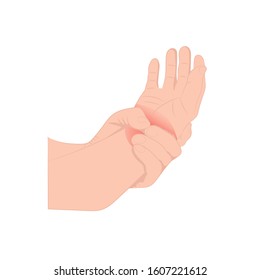 Pain in the wrist, man holding her wrist pain because Ligament in the wrist area, vector illustration concept Disease and healthcare