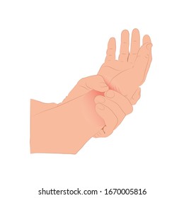 Pain in the wrist, man holding his wrist pain because Ligament in the wrist area, vector illustration concept Disease and healthcare
