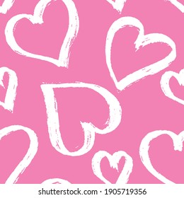 Painbrush white hearts on barbie pink background seamless pattern. Valentine`s day graphics for postcards, ads, wrapping paper