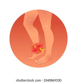 Painful ankle concept vector illustration with human legs. Graphic symbol pain circles. Work overload or sports injury.