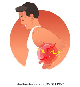 Painful back concept vector illustration with human torso. Pain circles on spine body part. Work overload or sports injury.