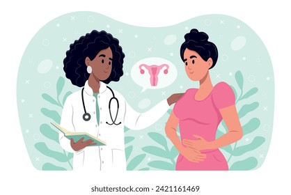 Painful female periods concept. A black family doctor talks to a patient with uterine endometriosis. A woman is standing and suffering from menstrual abdominal pain. Endometriosis Awareness Month.