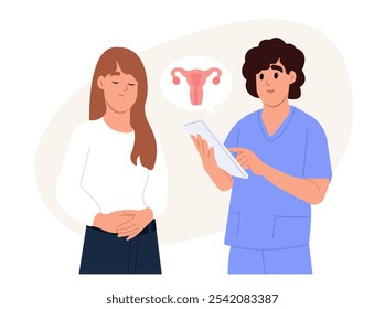 Conceito de períodos dolorosos femininos. Um médico de família negra conversa com um paciente Uma mulher está em pé e sofrendo de dor abdominal menstrual. Mês de Conscientização sobre Endometriose.