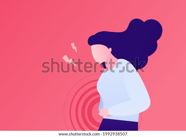 Painful female\
periods concept. Vector flat character illustration. Woman standing\
and suffering menstrual abdominal pain isolated on pink background.\
Design for health\
care.