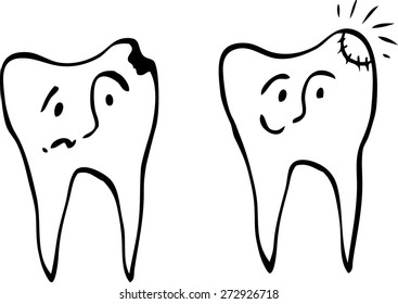 Painful and healthy tooth. Linear vector illustration.