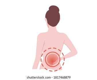 Painful low back concept with human pain circles on back of the low back pain cartoon flat design vector illustration on white background