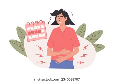 Painful menstruation concept trendy flat illustration. Uterus inflammation, endometriosis. Young female having an abdominal pain composition with menstrual calendar. Monthly women cycle. Gynecology.