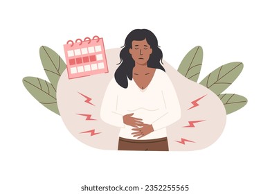 Painful menstruation concept trendy flat illustration. Uterus inflammation, endometriosis. Young female having an abdominal pain composition with menstrual calendar. Monthly women cycle. Gynecology.