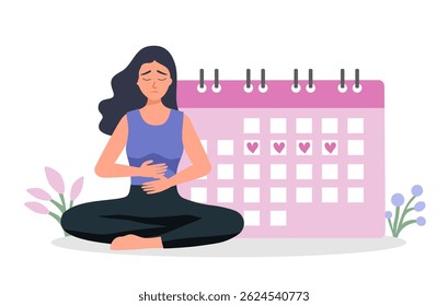 Conceito de menstruação dolorosa. As mulheres verificam os dias menstruais, relógio com silhueta de órgãos genitais femininos. Ilustração moderna em estilo plano