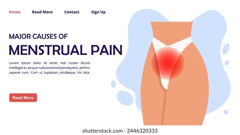 Painful menstruation gynecology concept banner. Adnexal tumor landing page flat illustration. Uterus inflammation