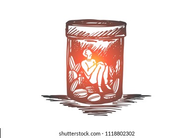 Painkiller, addiction, drugs, disease concept. Hand drawn man sitting inside of buttle with drugs or pills concept sketch. Isolated vector illustration.