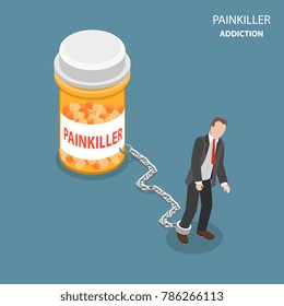 Concepto vectorial isométrico plano de adicción Painasesina. El hombre cansado y débil está tratando de seguir adelante pero no puede como encadenó a la botella de pastillas con el nombre de PAINKILLER en ella.