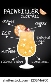 Painkiller cocktail recipe illustration vector with orange wedge and cherry garnish.