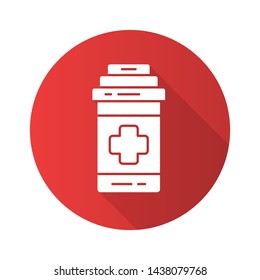 Painkiller flat design long shadow glyph icon. Computer, video game cure. Medical aid. Game extra life. Antibiotics, vitamins. Medications, pills, disease treatment. Vector silhouette illustration