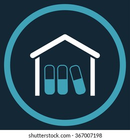 Painkiller Garage vector icon. Style is bicolor flat circled symbol, blue and white colors, rounded angles, dark blue background.