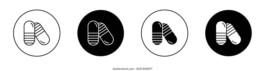 Painkiller Icon Set. Pain reduction Medicine pill and capsule Vector Symbol in Black Filled and Outlined Style. Medical health care tablet Sign.