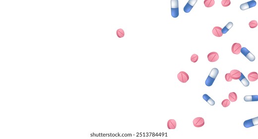 Painkiller pills medical vector illustration. Capsule drugs and tablets isolated elements. Blue white and pink pills, first aid treatment or vitamins. Fast heartbeat cure drugs.