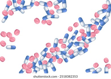 Painkiller pills medical vector illustration. Capsule drugs and tablets isolated elements. Blue white and pink  capsules, emergency treatment or vitamins. Fever cure drugs.