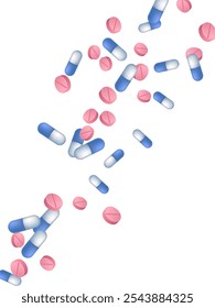 Painkiller Pillen medizinische Vektorgrafik. Kapsel Medikamente und Tabletten Krankheit verschreibungspflichtige Elemente. Blaue weiße und rosa Pillen, Notfallbehandlung oder Vitamine. Antibiotika-Tabletten-Konzept.