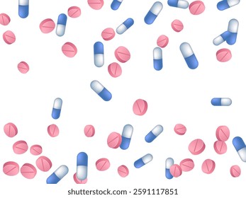 Painkiller pills medical vector illustration. Capsule drugs and tablets isolated elements. Blue white and pink  capsules, first aid treatment or vitamins. Medication drugs.