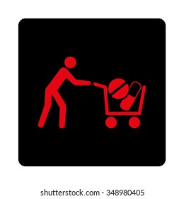 Painkiller Shopping vector icon. Style is flat rounded square button, intensive red and black colors, white background.