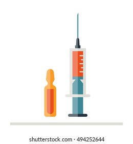 Painkillers injection. Flat style. Medical injection syringe with liquid . Ampule with liquid  isolated on white background. Vector.