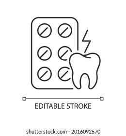 Painkillers linear icon. Relieving toothaches. Analgesic medicine. Anti-inflammatory drug. Thin line customizable illustration. Contour symbol. Vector isolated outline drawing. Editable stroke