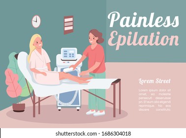 Painless epilation banner flat vector template. Brochure, poster concept design with cartoon characters. Laser hair removal on legs. Beauty salon horizontal flyer, leaflet with place for text