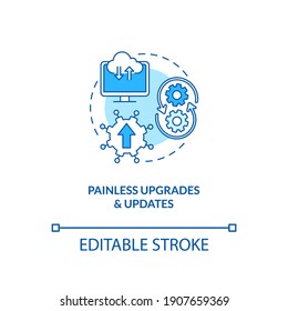 Icono de concepto de actualizaciones y actualizaciones sin dolor. Ilustración de línea delgada de la idea de ventaja de SaaS. No hay parches para los clientes. Una mejora importante. Dibujo de color RGB con contorno aislado del vector. Trazo editable