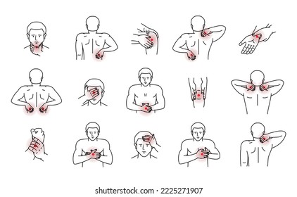 Dolores en el cuerpo humano. Enco en la cabeza, cuello, hombro, rodilla, pecho, abdomen, muñeca, espalda, codo. Artritis y reumatismo, ilustración del dolor articular.