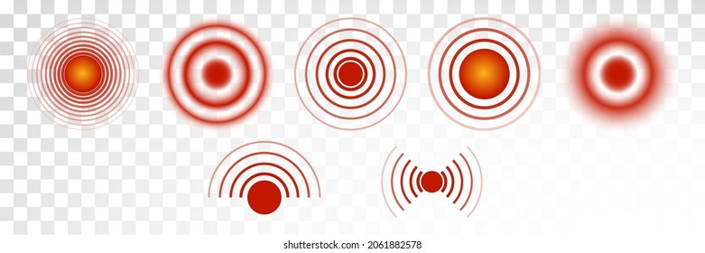 Pain`s set  red circle or ache localization icon. Vector isolated pain symbols. Muscle pain, painful headaches or health for logo, design, painkiller medicine, pill, package, or medical information