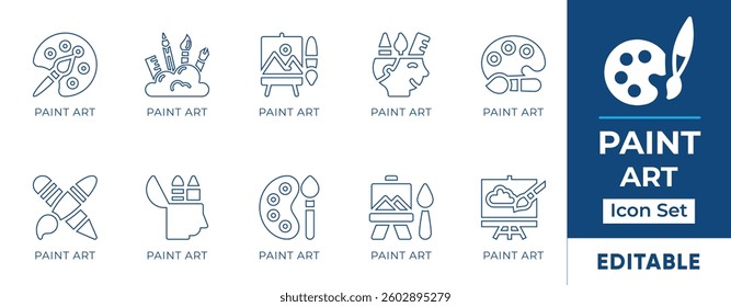 Paint art line icon set featuring brushes, palettes, easels, color mixing, digital art tools, painting techniques, and creative expressions.