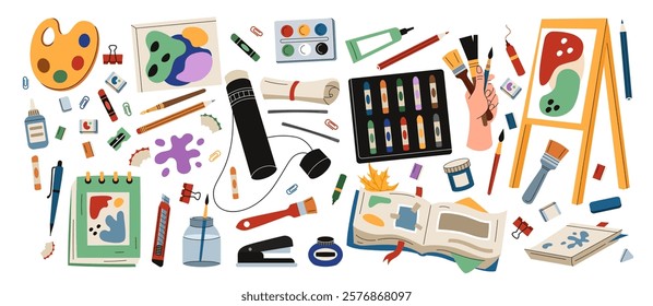 Paint art supplies. Brush tools, artist craft, different pen. Icon flat painting, painter school, hobby paintbrush. Creative stationery, handmade sketchbook vector tidy cartoon flat style isolated set