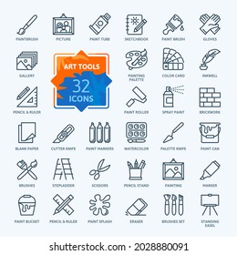 Paint art tools, design - thin line web icon set. Contains such Icons as Spray, Color palette, Paint Bucket and more. Outline icons collection. Simple vector illustration.