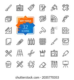 Paint Art Tools, Design - Thin Line Web Icon Set. Contains Such Icons As Spray, Color Palette, Paint Bucket And More. Outline Icons Collection. Simple Vector Illustration.