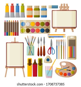 Paint Art Tools Set. Watercolor, Gouache Oil And Acrylic Paints. Felt-tip Pens, Colored Pencils And Brushes For Painting. Table And Floor Easels. Vector Illustration.