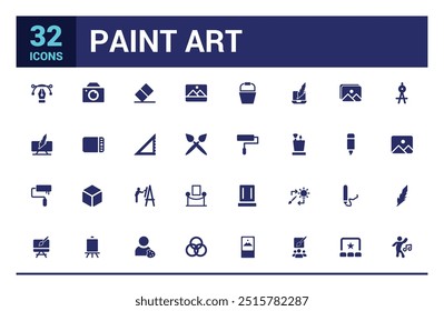 Paint art tools solid icons set. Contains as pencil, pen, brush. Filled icon pack. Solid icon collection. Glyph icon  for web and ui. Editable stroke.