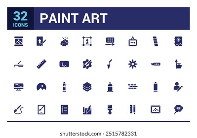 Paint art tools solid icons set. Contains as pencil, pen, brush. Filled icon pack. Solid icon collection. Glyph icon  for web and ui. Editable stroke.