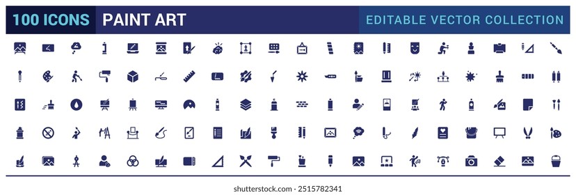 Paint art tools solid icons set. Contains as pencil, pen, brush. Filled icon pack. Solid icon collection. Glyph icon  for web and ui. Editable stroke.