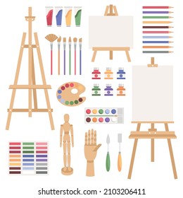 Paint arts tool kit: artists supplies, watercolor, easel, palette, wooden mannequin and hand figure, painting brush and draw materials. Set of artistic materials isolated on white background.