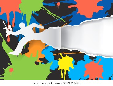 Paint Ball Background.
Paint Ball Player Ripped Paper Background With With Colorful Stains. Vector Illustration. Vector Available.