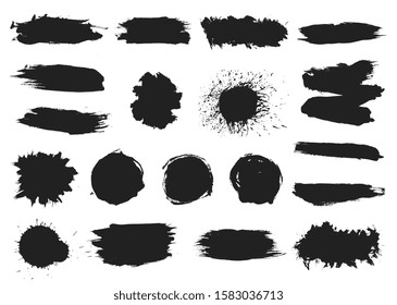 Paint black blobs. Ink splashes, graffiti splatter. Abstract grunge texture, blot silhouettes vector set