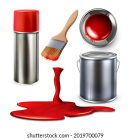 Paint Blank Bottle Spray And Container Set Vector. Collection Of Paint Bucket, Paintbrush And Falling Watercolor. Artistic Accessory For Painting And Drawing Template Realistic 3d Illustrations