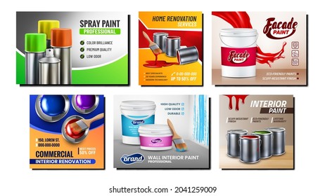Paint Blank Containers Promo Poster Set Vektorgrafik. Spray Interior und Home Renovation mehrfarbige, farbige Flaschen und mit Werbebannern versehen. Illustrationen für Stilkonzepte